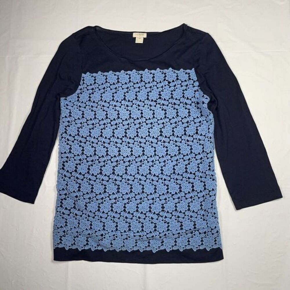 J Crew Navy Blue Floral Embroidered Crochet Lace Top Blouse Size XS